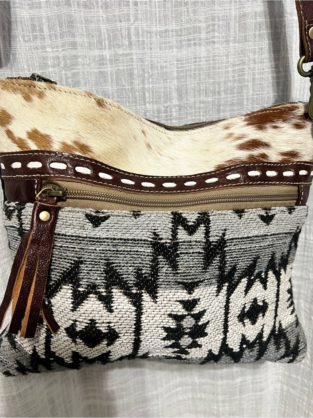 Myra Bag Black, White & Brown Aztec Cowhide Crossbody